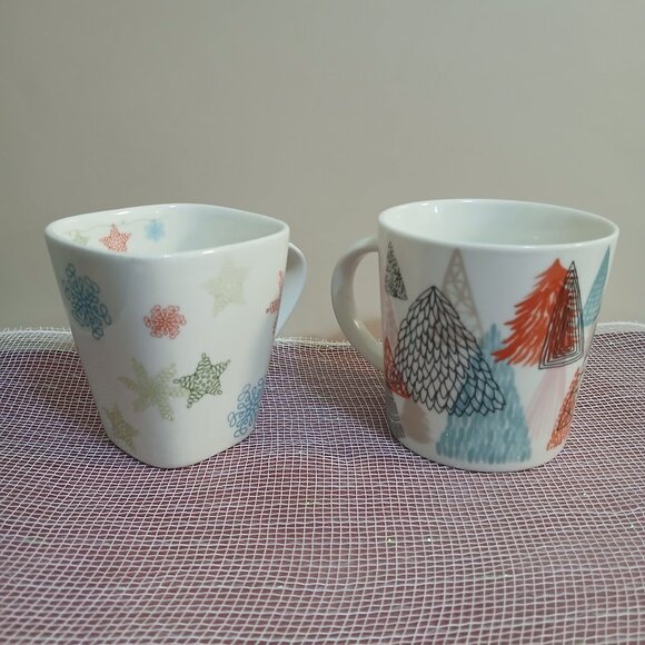 Two Starbucks Christmas/Winter Mugs-Abstract Colorful Trees and Snowflakes - Picture 1 of 4